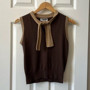 Brown and tan sleeveless sweater tank with tie front